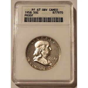 1958 Franklin Half Dollar Proof PF67 Obverse Cameo ANACS Toning